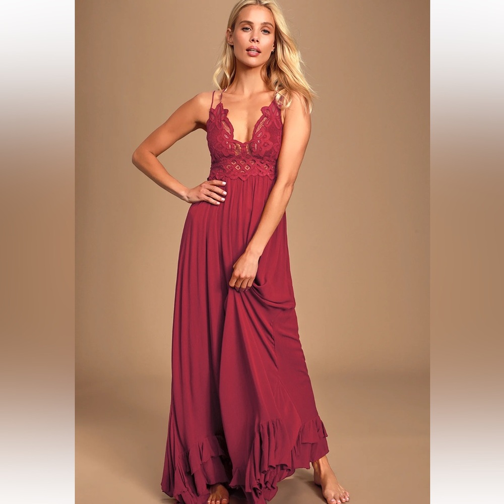 Free People Adella Maxi Slip Berry Red Lace Dress, Never Worn